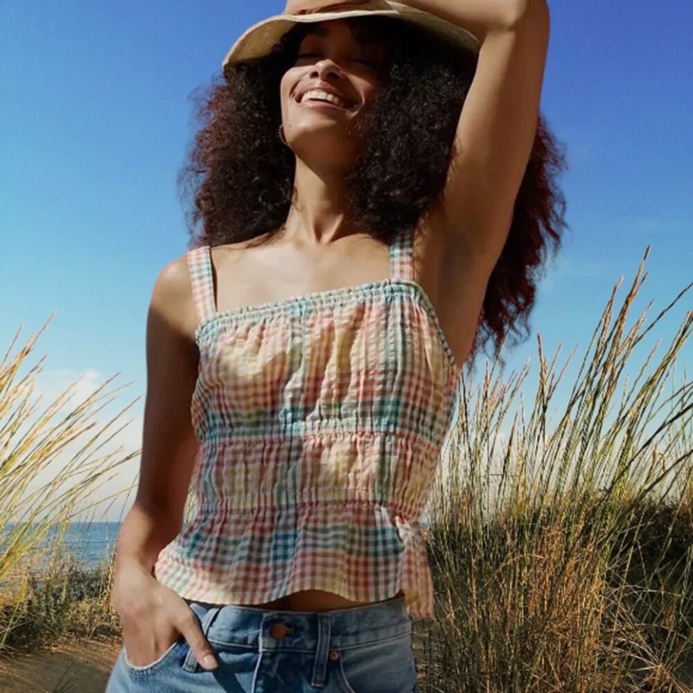 NWT - Madewell Seersucker Sophia Peplum Tank Rainbow Gingham Check Size: M